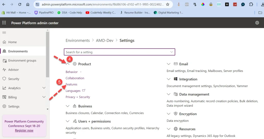 Power Platform Admin Center Environment Settings Products and Features