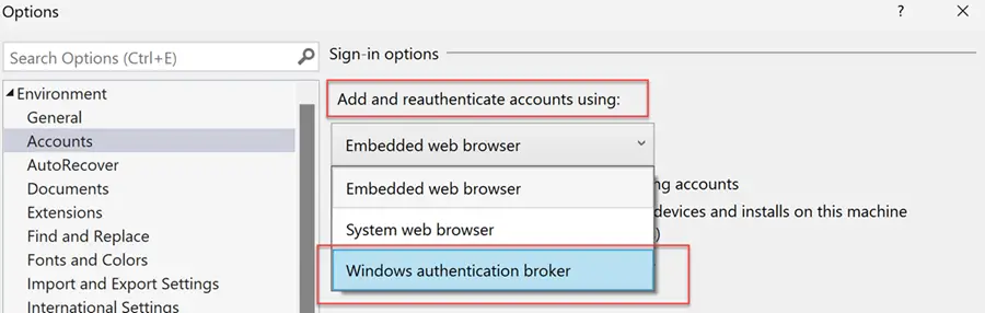 Types of Authentication in Visual Studio - WAM Authentication