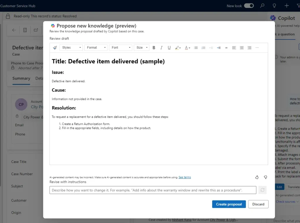 5 how to generate knowledge articles from resolved cases using copilot in Dynamics 365 Customer Service