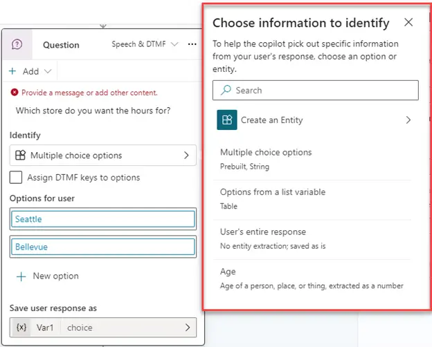 Options for user In Questions in Topics Copilot Studio