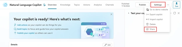 Steps to Share and Test Copilot in Microsoft Copilot Studio