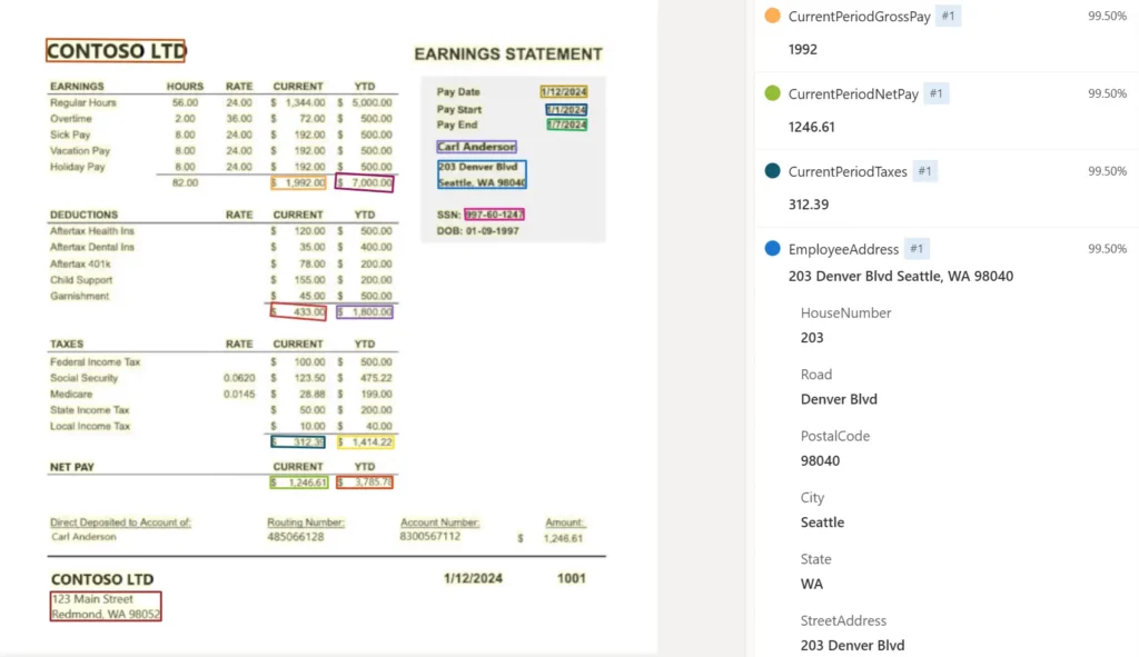 Azure AI Document Intelligence payStub model